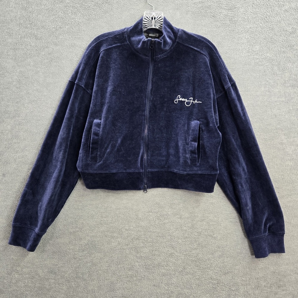Sean John X Missguided Women Track Jacket 10 Blue Velour Logo Cropped Mock Neck